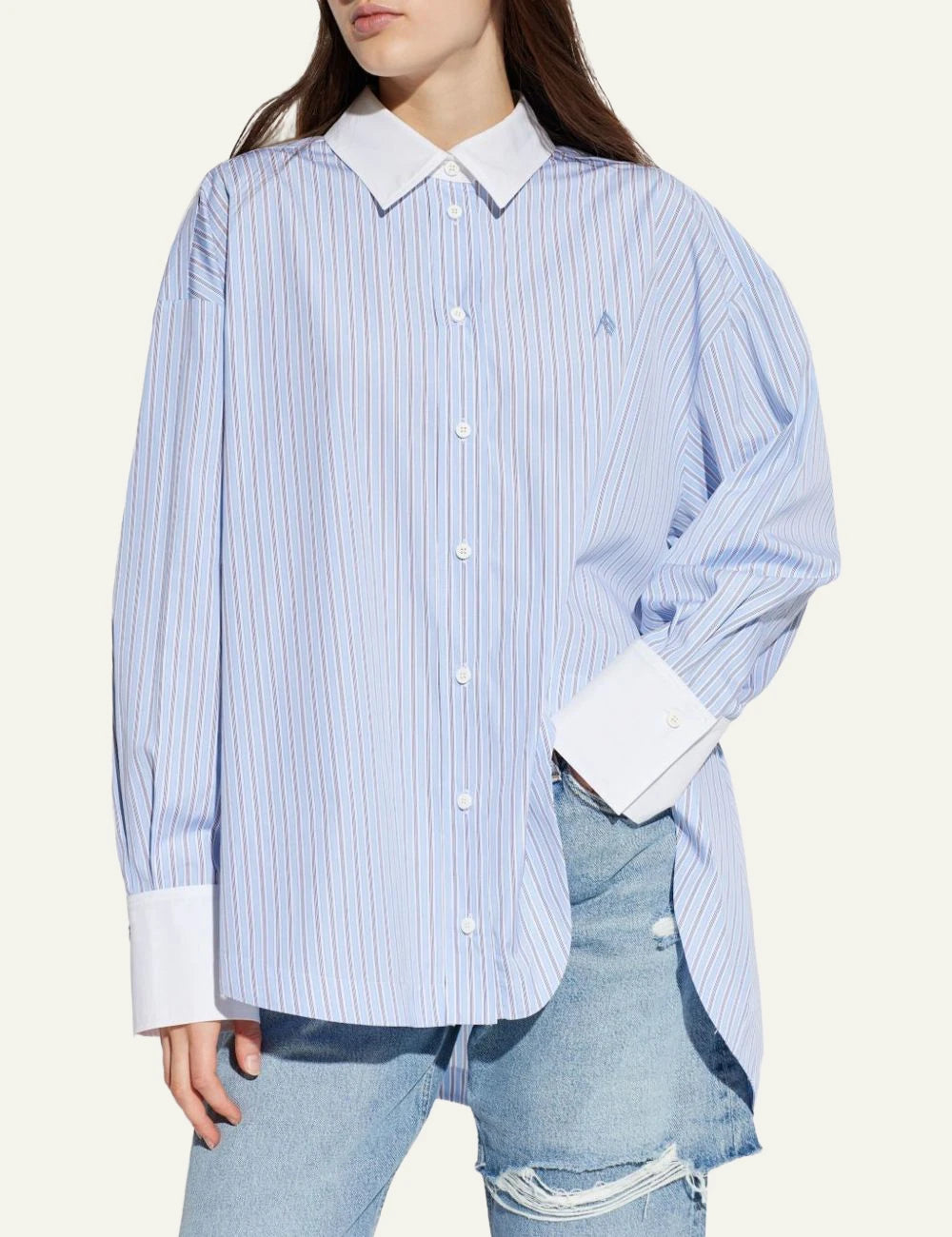 The Attico Light Blue Striped Cotton Shirt With White Collar Front detail View