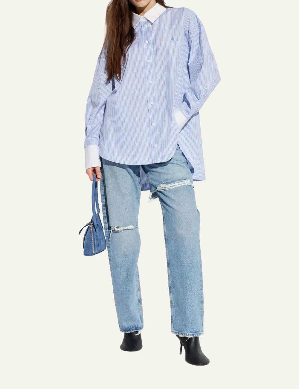 The Attico Light Blue Striped Cotton Shirt With White Collar Front full body View