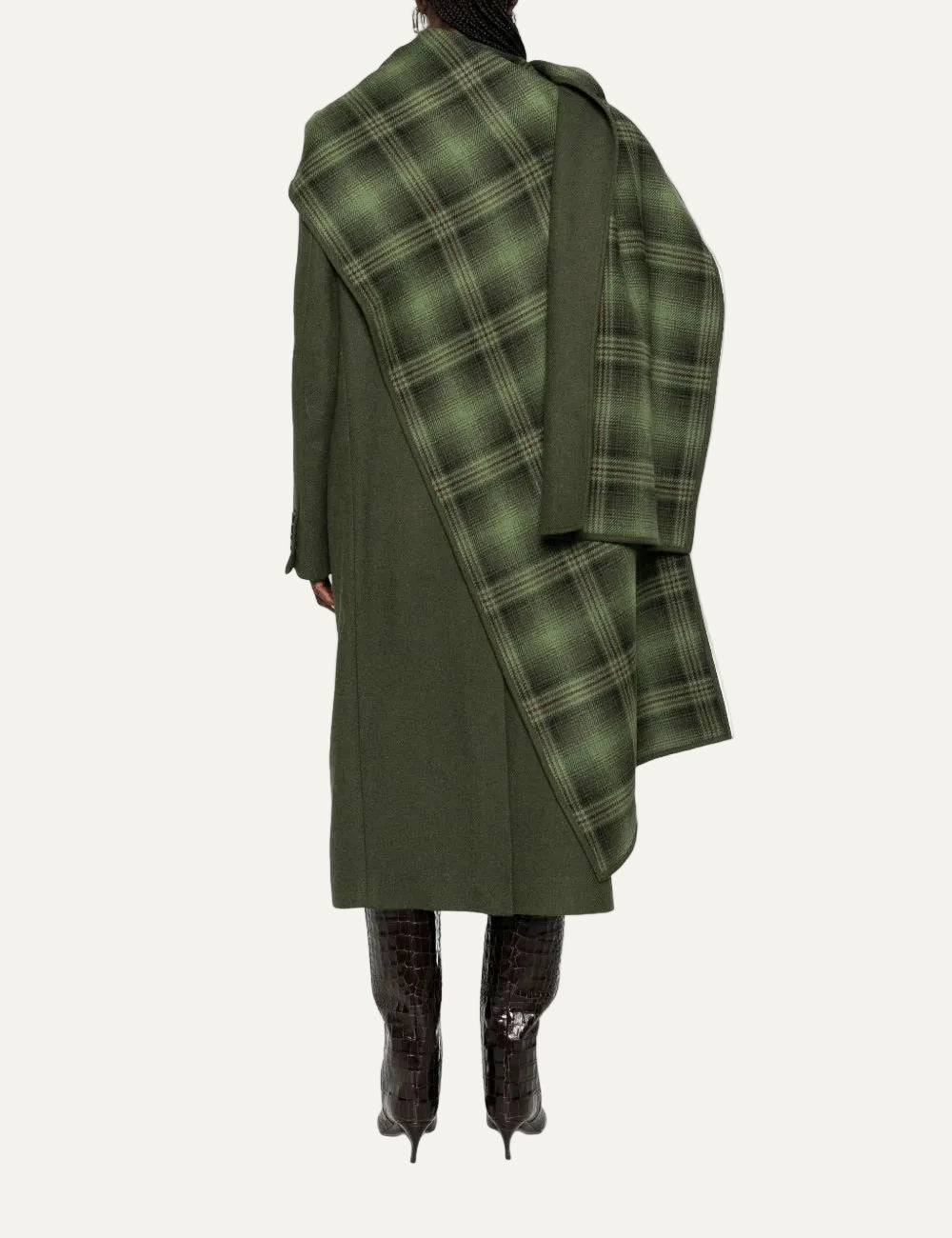 The Attico military green double-face wool long coat with checked scarf for women back view