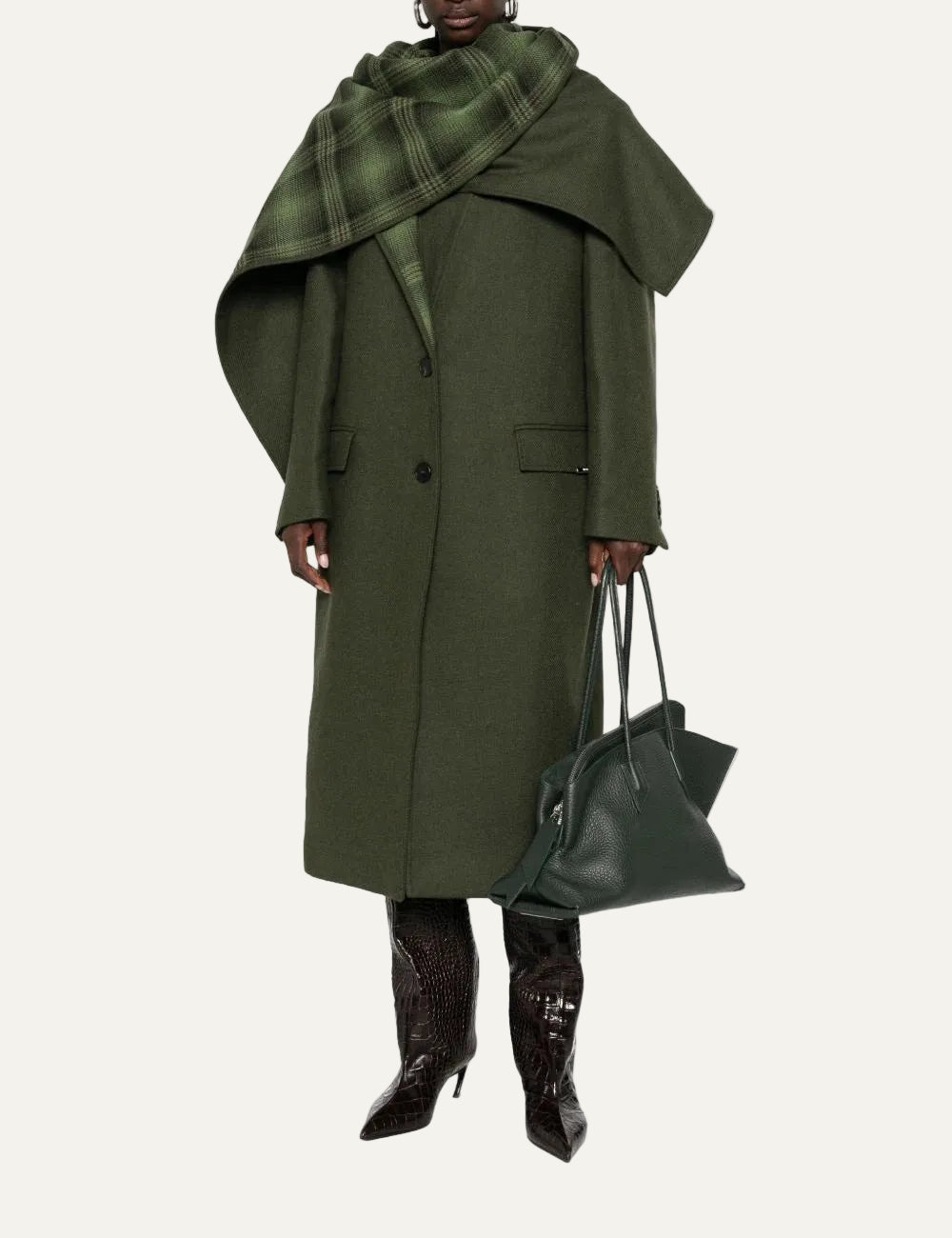 The Attico military green double-face wool long coat with checked scarf for women front view