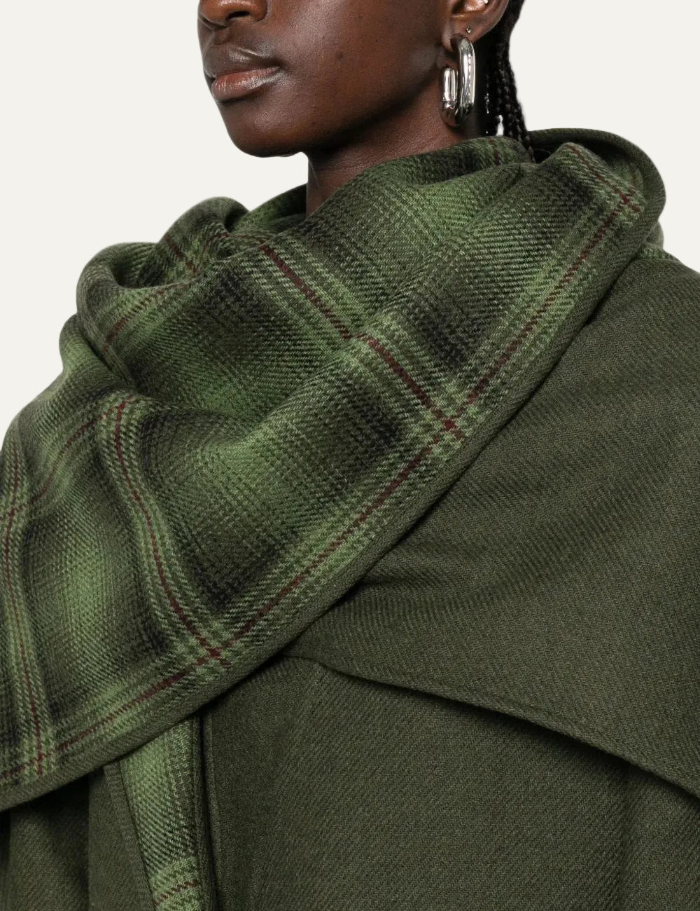 The Attico military green double-face wool long coat with checked scarf for women close up details