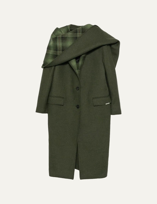 The Attico military green double-face wool long coat with checked scarf for women product view