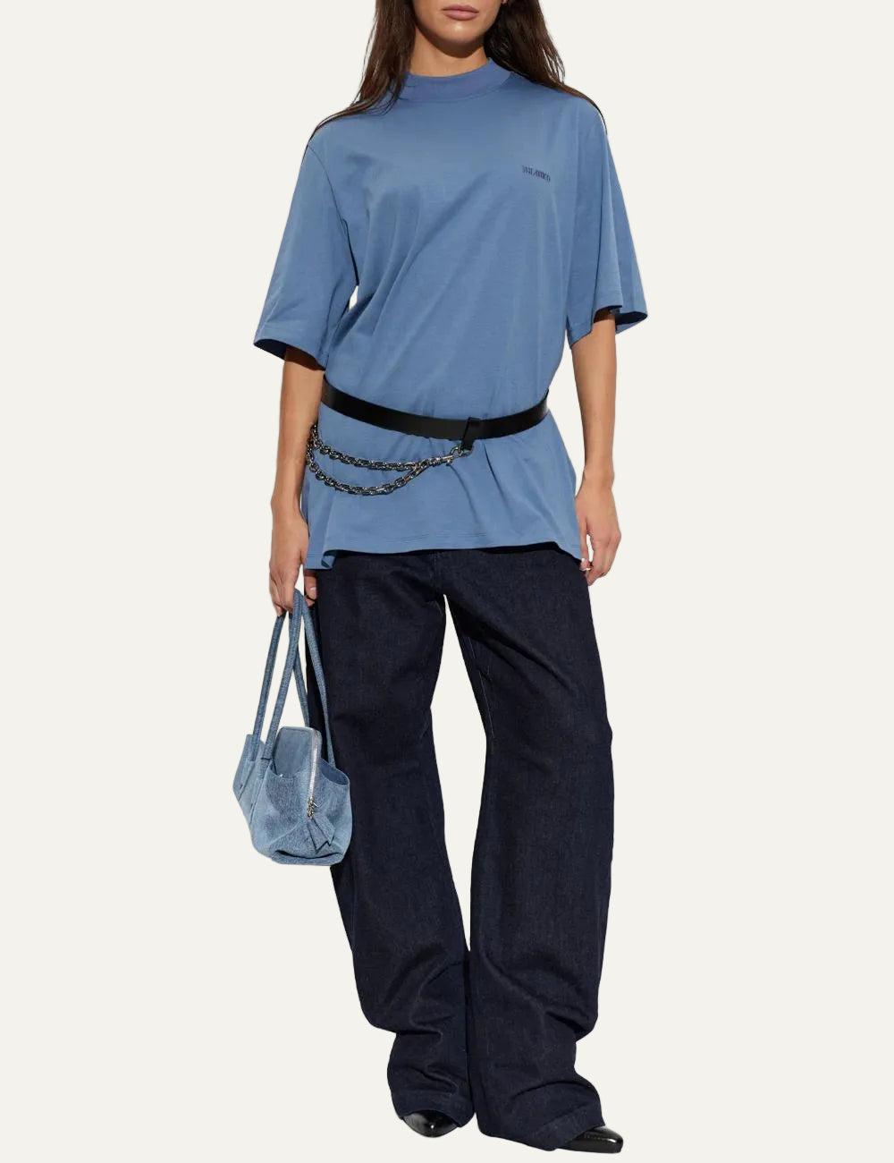 The Attico navy blue wide leg jeans with embroidered logo for women full look