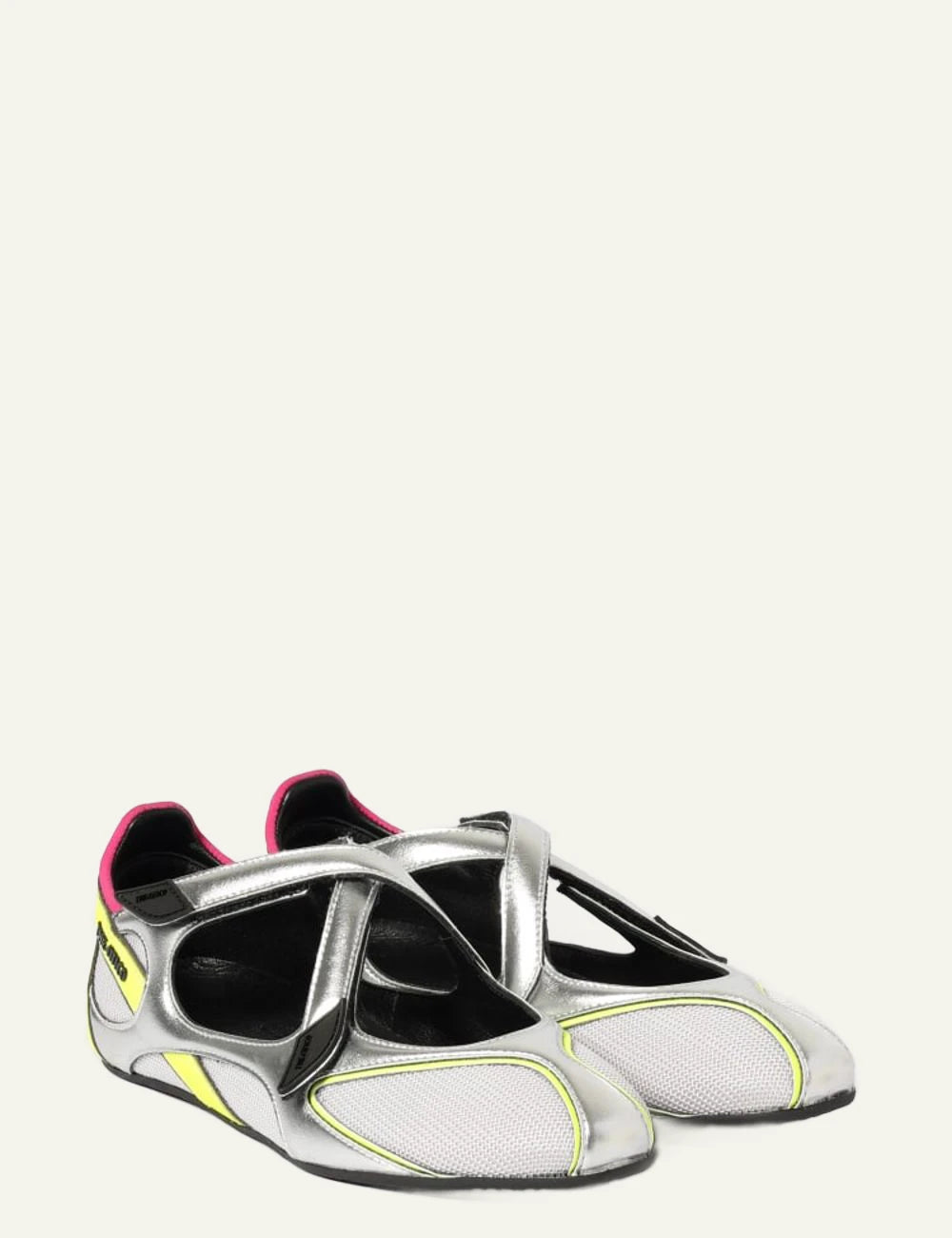 The Attico Silver Mesh Ballet Flats With Neon Yellow Details angled View