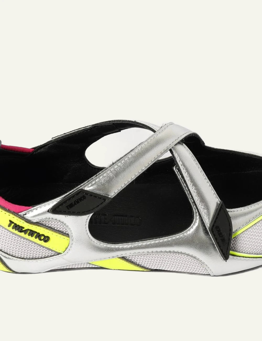 The Attico Silver Mesh Ballet Flats With Neon Yellow Details top View