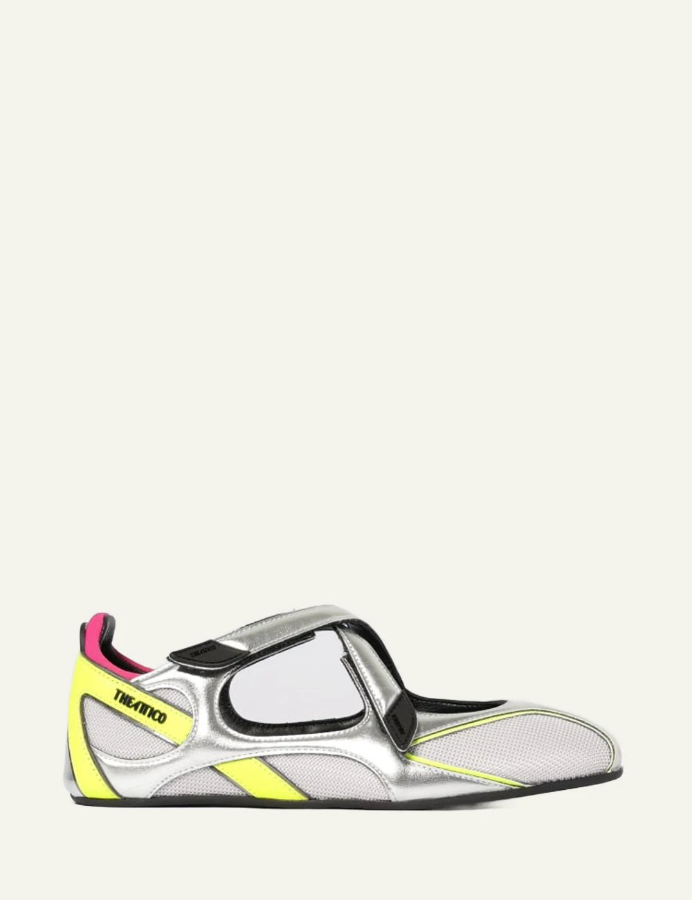 The Attico Silver Mesh Ballet Flats With Neon Yellow Details Side View