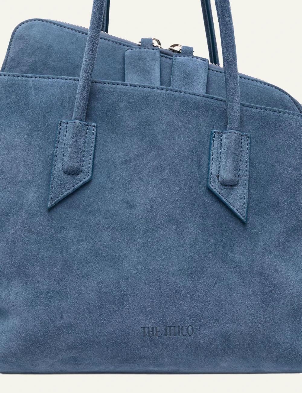 The Attico suede tote bag blue logo detail view