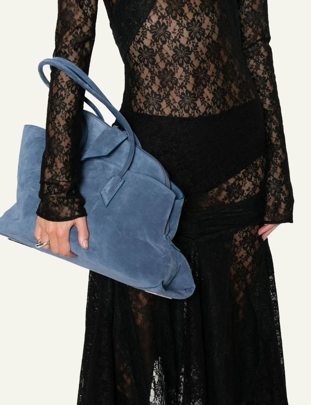 The Attico suede tote bag blue front model view