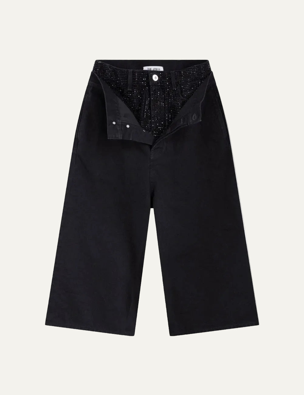 The Attico washed black wide leg jeans with crystal embellished double waist for women product shot