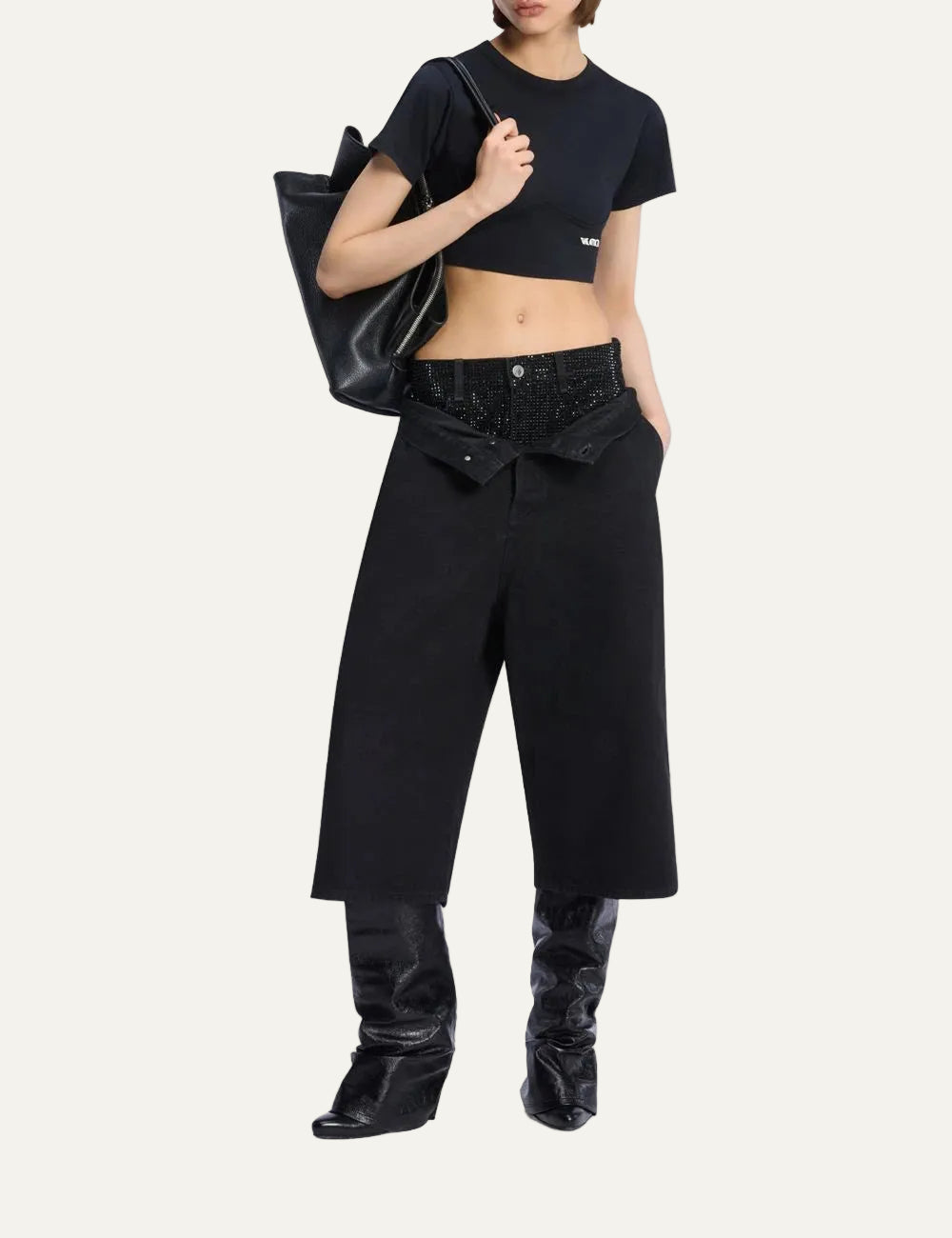 The Attico washed black wide leg jeans with crystal embellished double waist for women full look