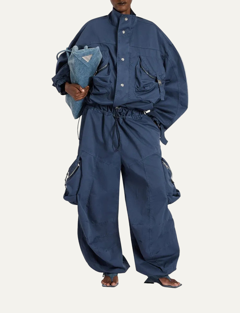 The Attico washed blue cotton cargo pants for women full look