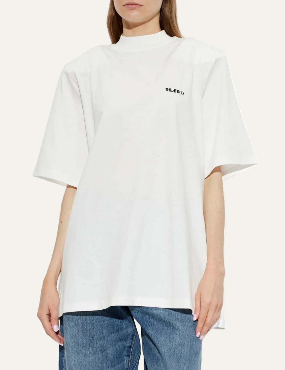 The Attico white oversized cotton t-shirt with black embroidered logo for women front view