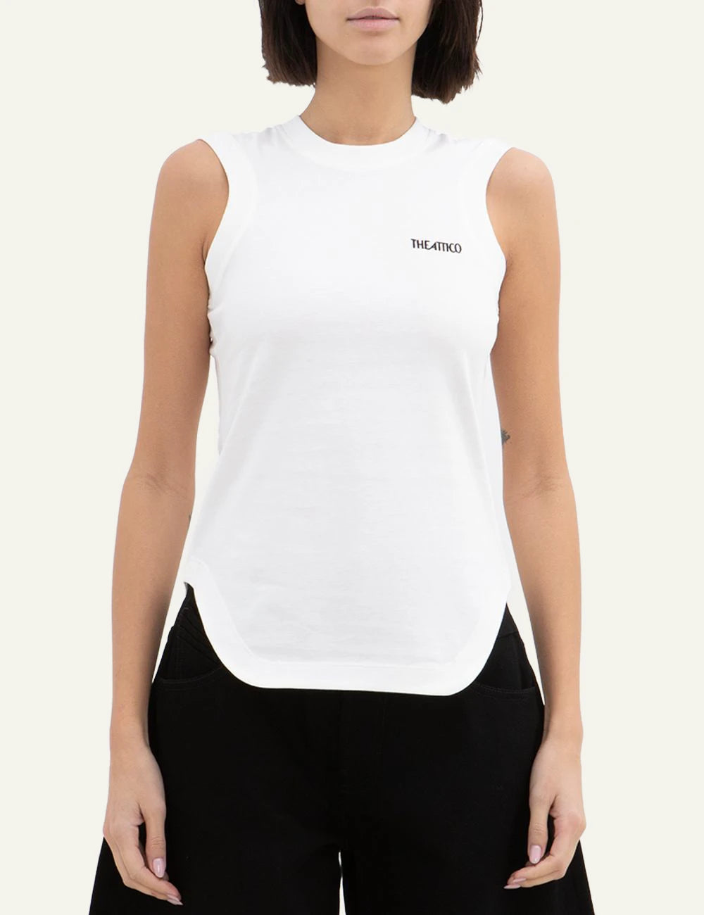 The Attico White Sleeveless Cotton Mini Dress With Curved Hem Front model View