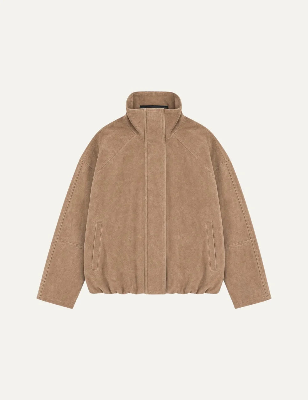 The Kooples women's beige suede leather jacket with oversized fit, high collar and elasticated hem.