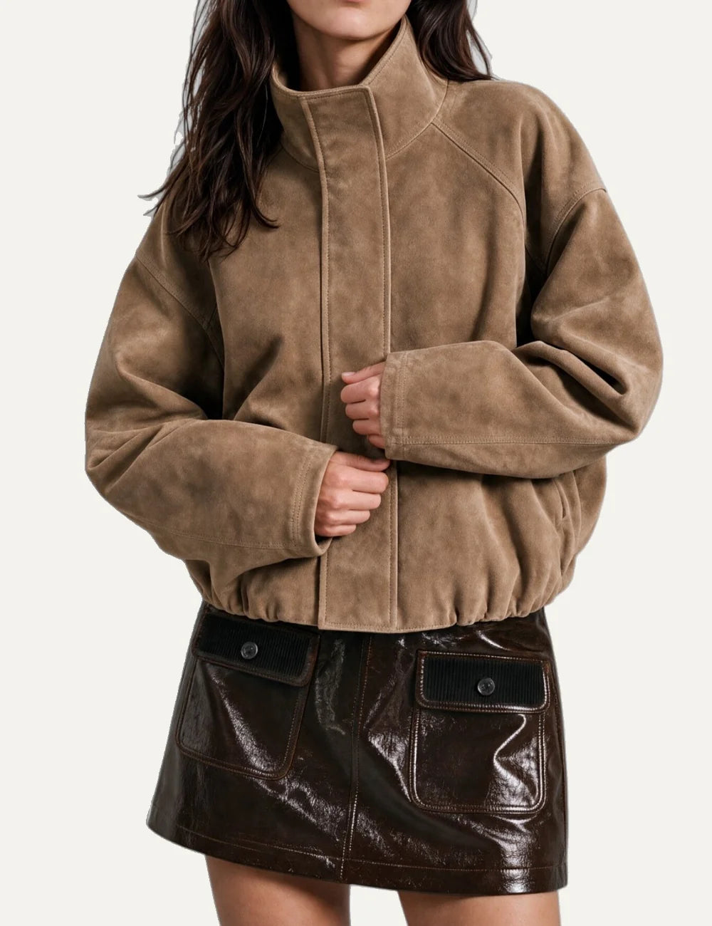 The Kooples women's beige suede leather jacket with oversized fit, high collar and elasticated hem model