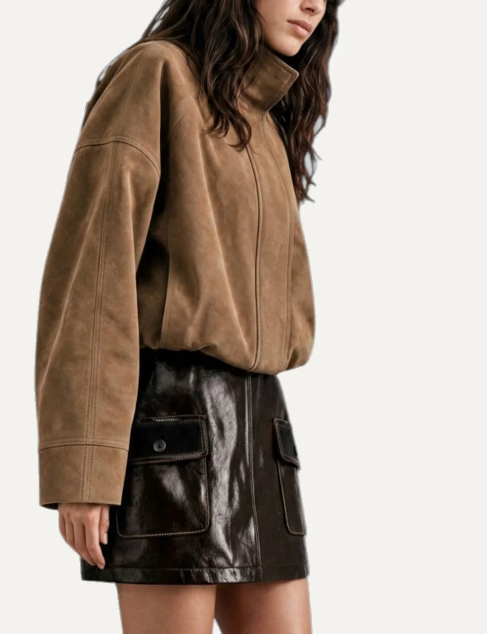 The Kooples women's beige suede leather jacket with oversized fit, high collar and elasticated hem side