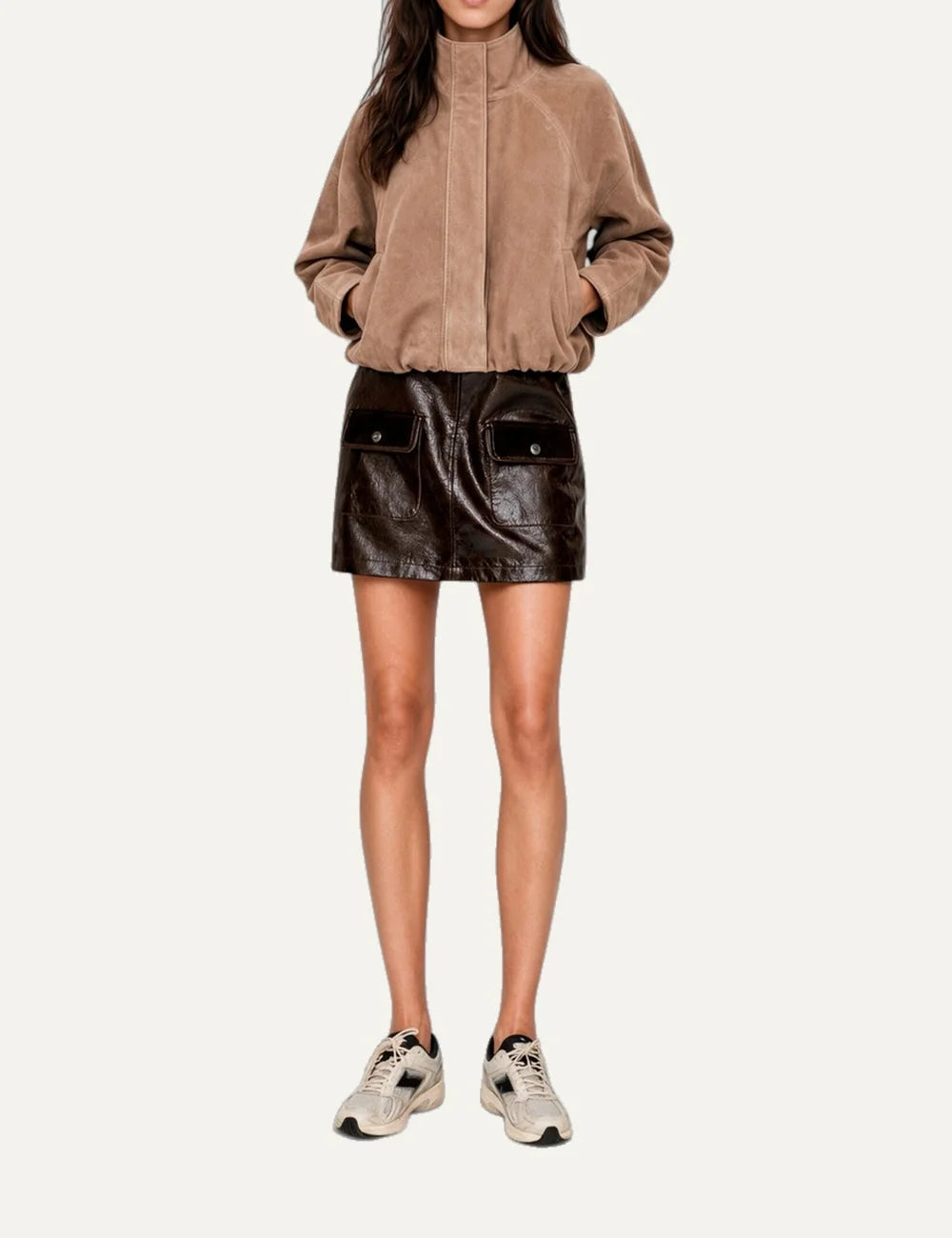 The Kooples women's beige suede leather jacket with oversized fit, high collar and elasticated hem full body