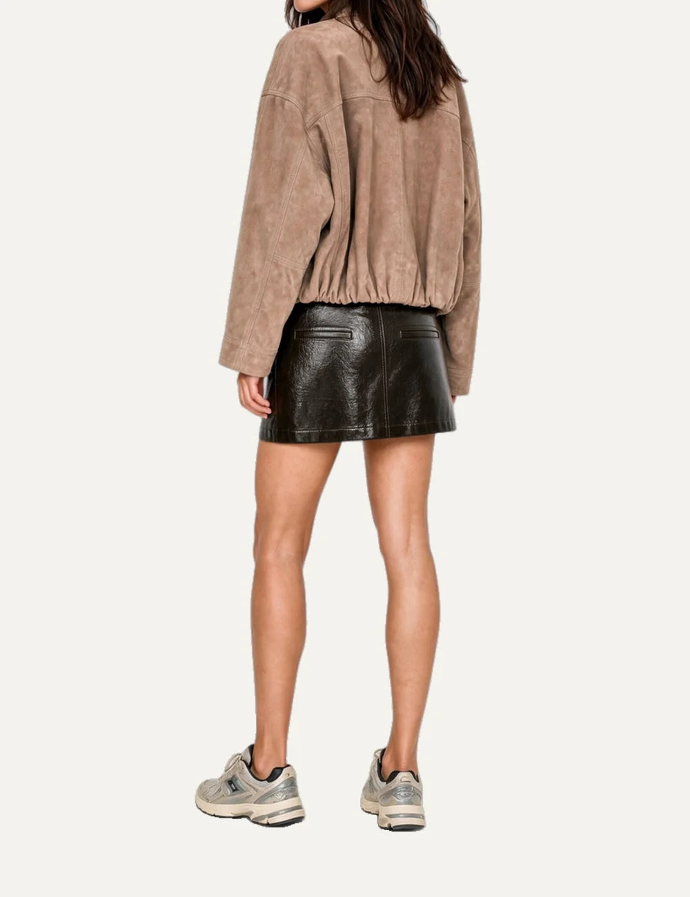 The Kooples women's beige suede leather jacket with oversized fit, high collar and elasticated hem back