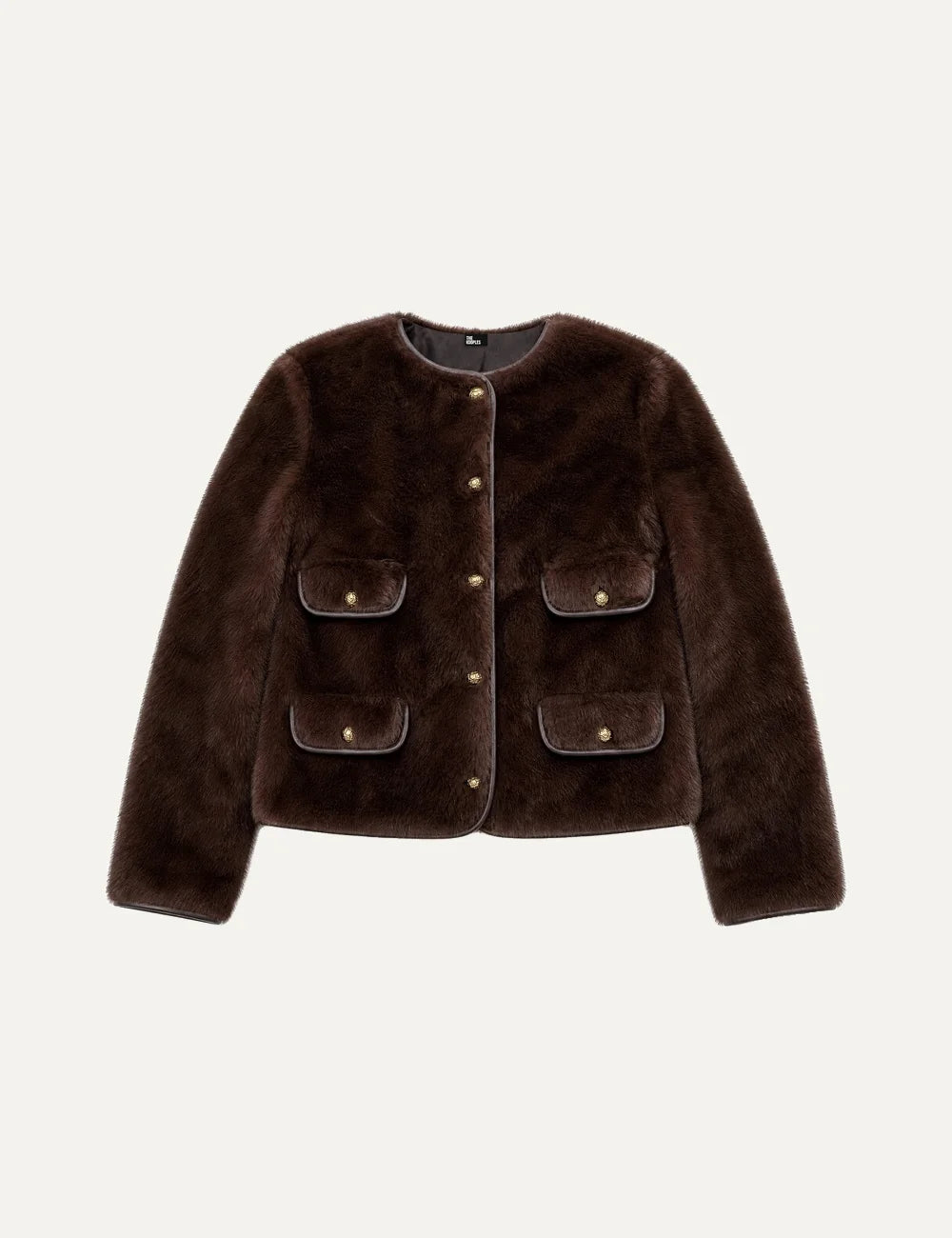 The Kooples women's dark brown faux fur jacket with gold-tone buttons, round neckline and flap pockets.