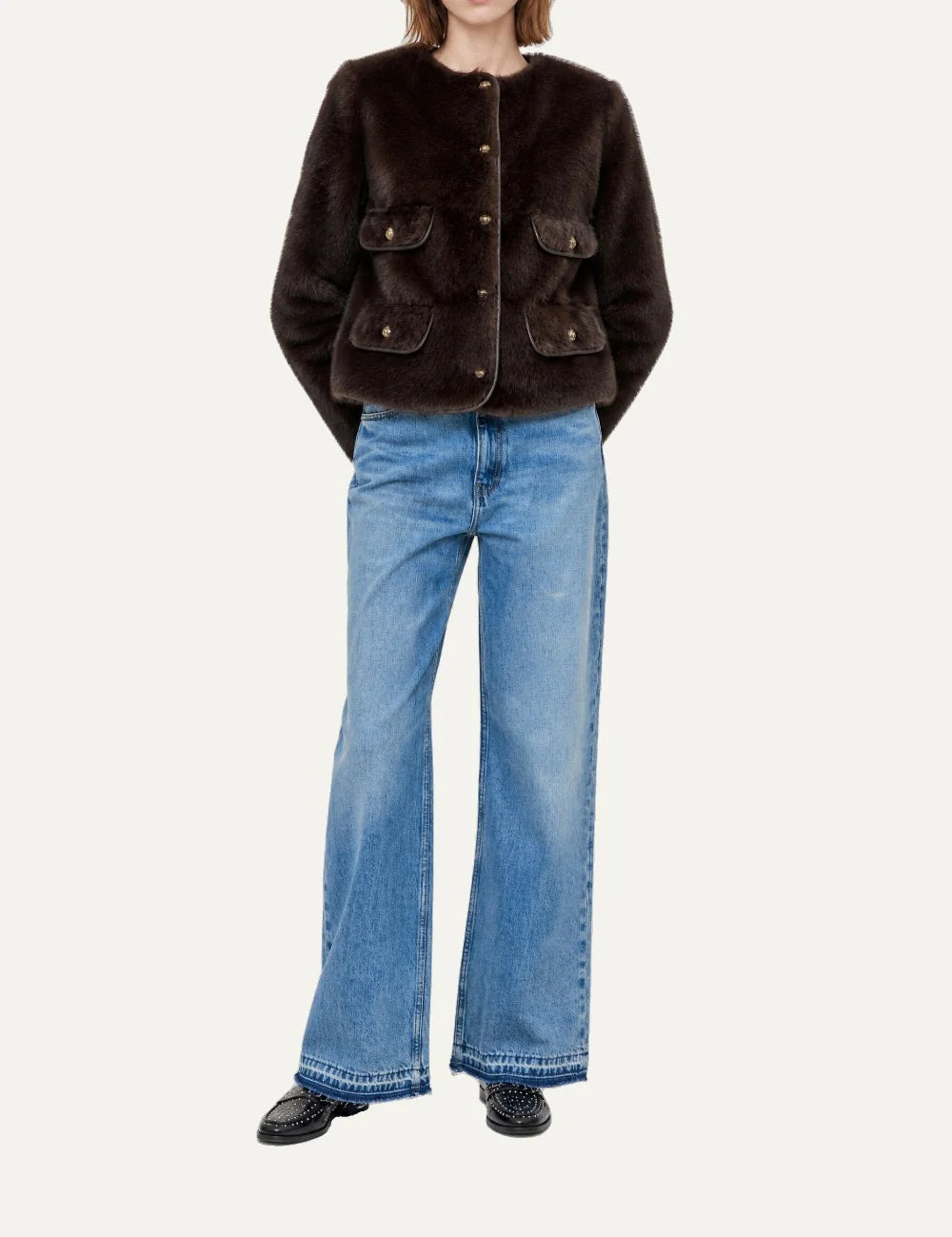 The Kooples women's dark brown faux fur jacket with gold-tone buttons, round neckline and flap pockets. full body