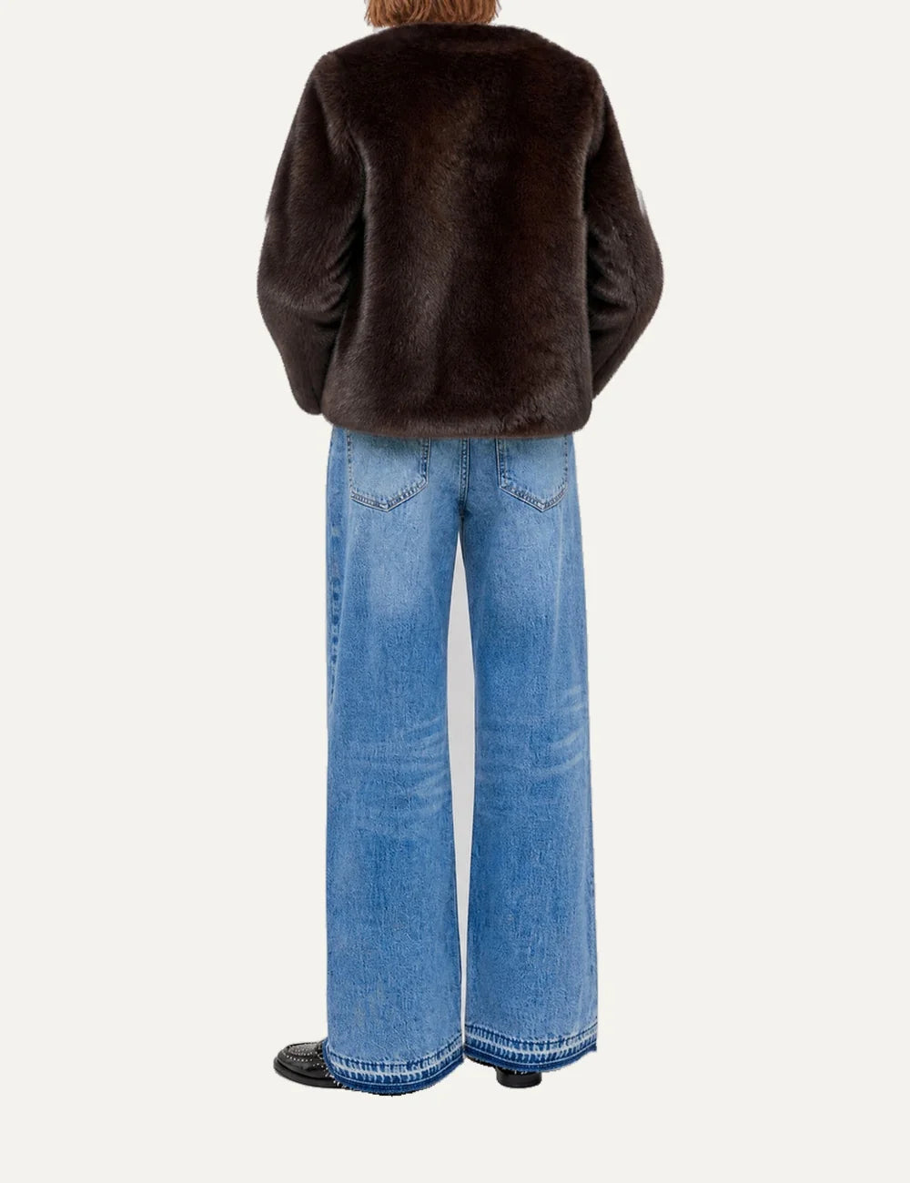 The Kooples women's dark brown faux fur jacket with gold-tone buttons, round neckline and flap pockets. back
