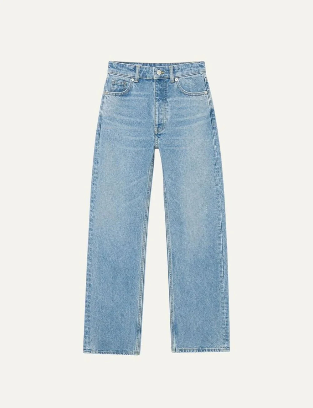 The Kooples women's light blue faded straight-leg jeans with mid-rise waist and five pockets.