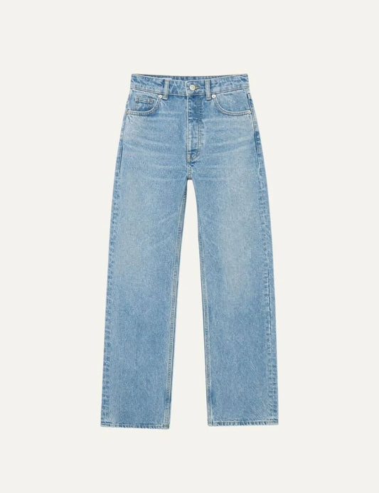 The Kooples women's light blue faded straight-leg jeans with mid-rise waist and five pockets.