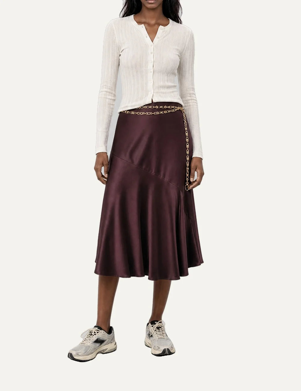 The Kooples women's burgundy satin midi skirt with removable gold chain belt model