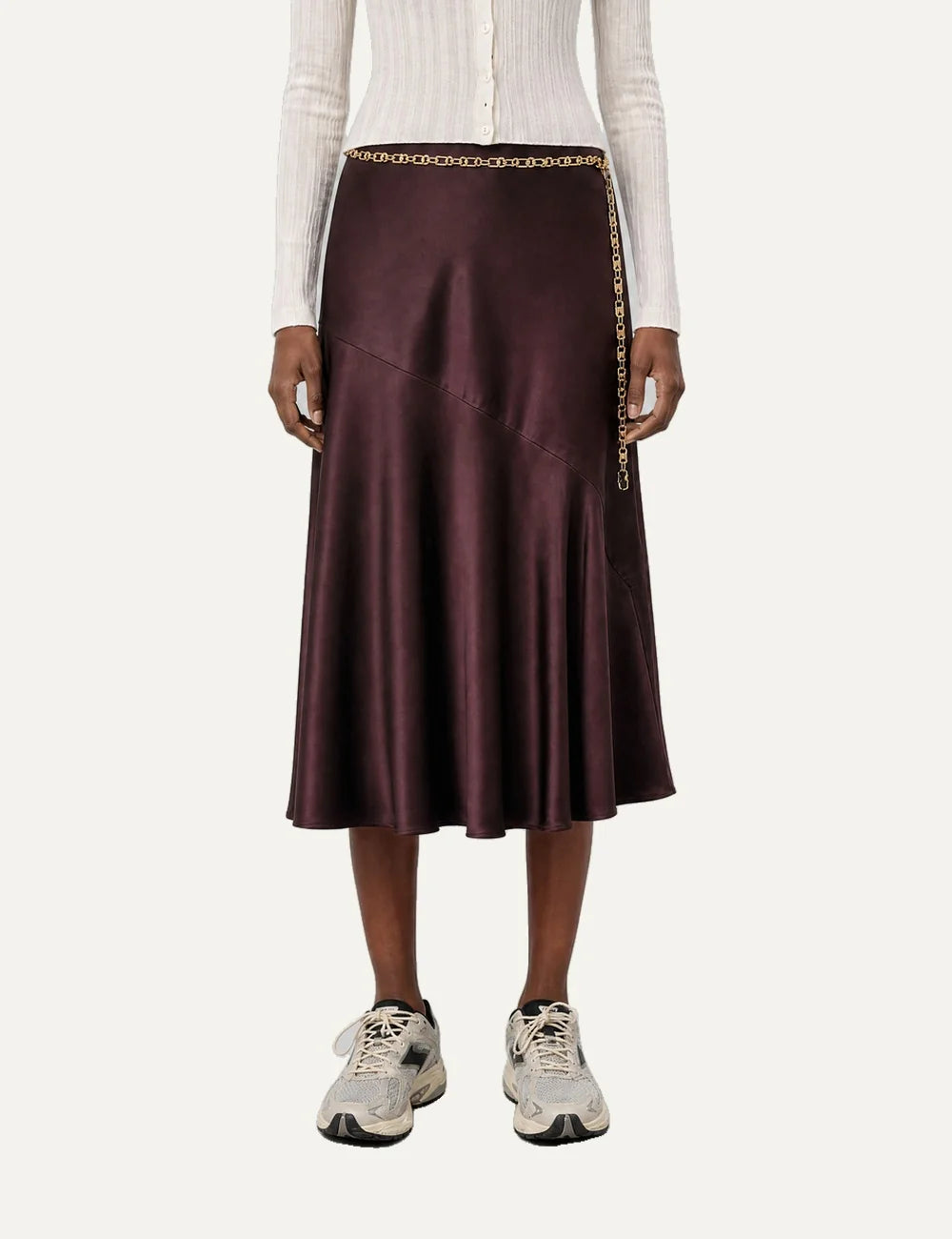 The Kooples women's burgundy satin midi skirt with removable gold chain belt model