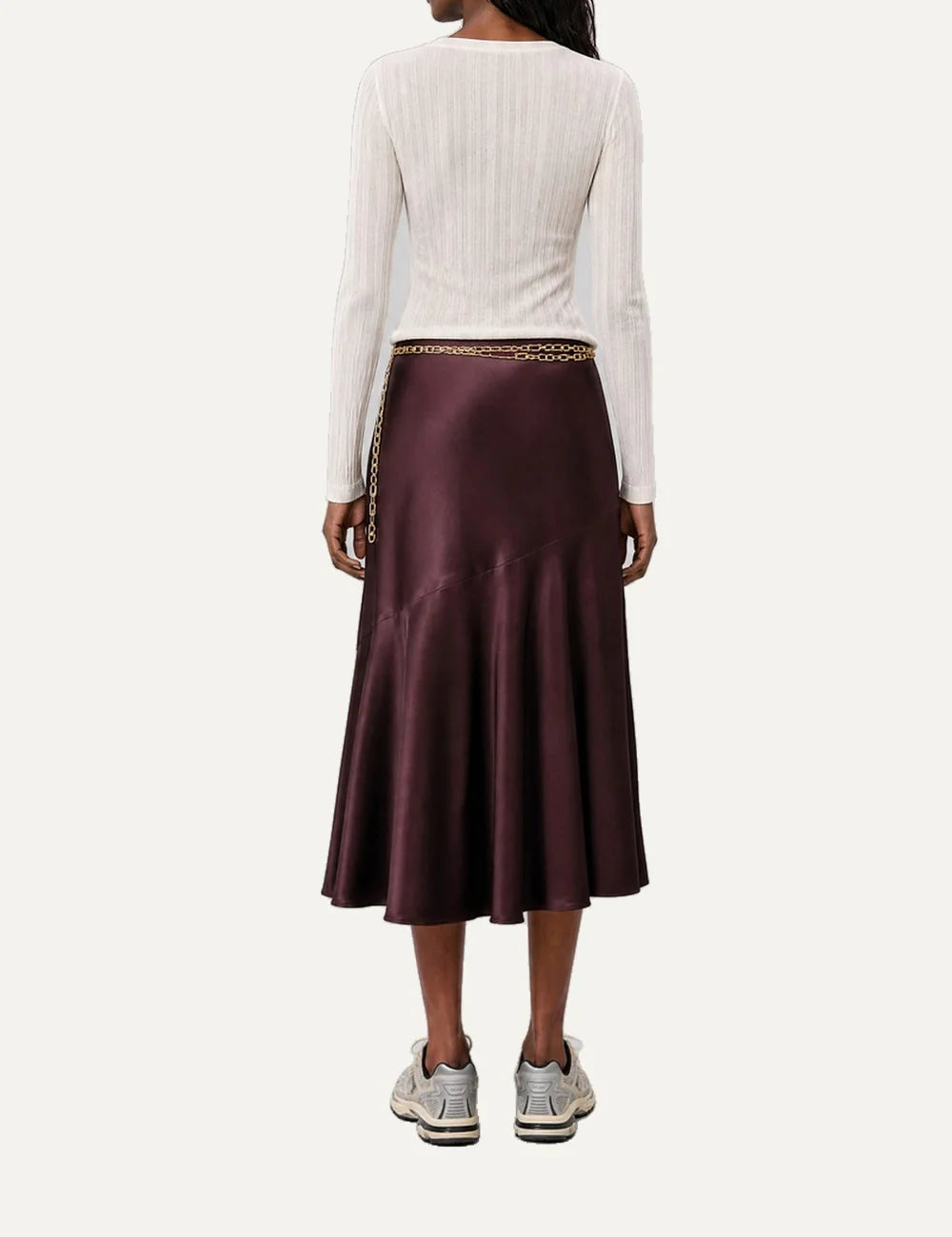 The Kooples women's burgundy satin midi skirt with removable gold chain belt back