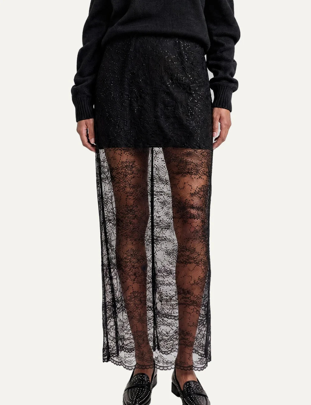 The Kooples women's black maxi lace skirt with floral pattern, sequin embellishments, sheer design, removable mini lining and concealed back zipper model