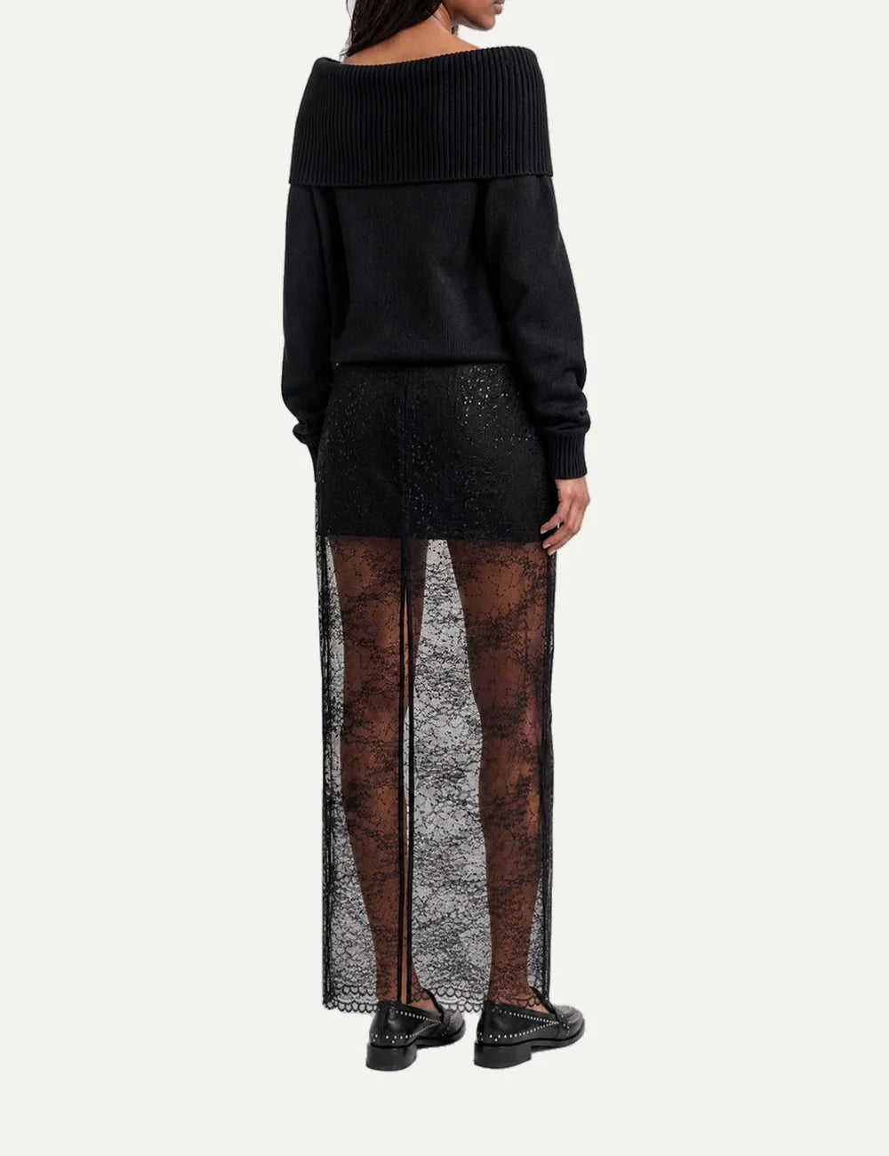 The Kooples women's black maxi lace skirt with floral pattern, sequin embellishments, sheer design, removable mini lining and concealed back zipper back