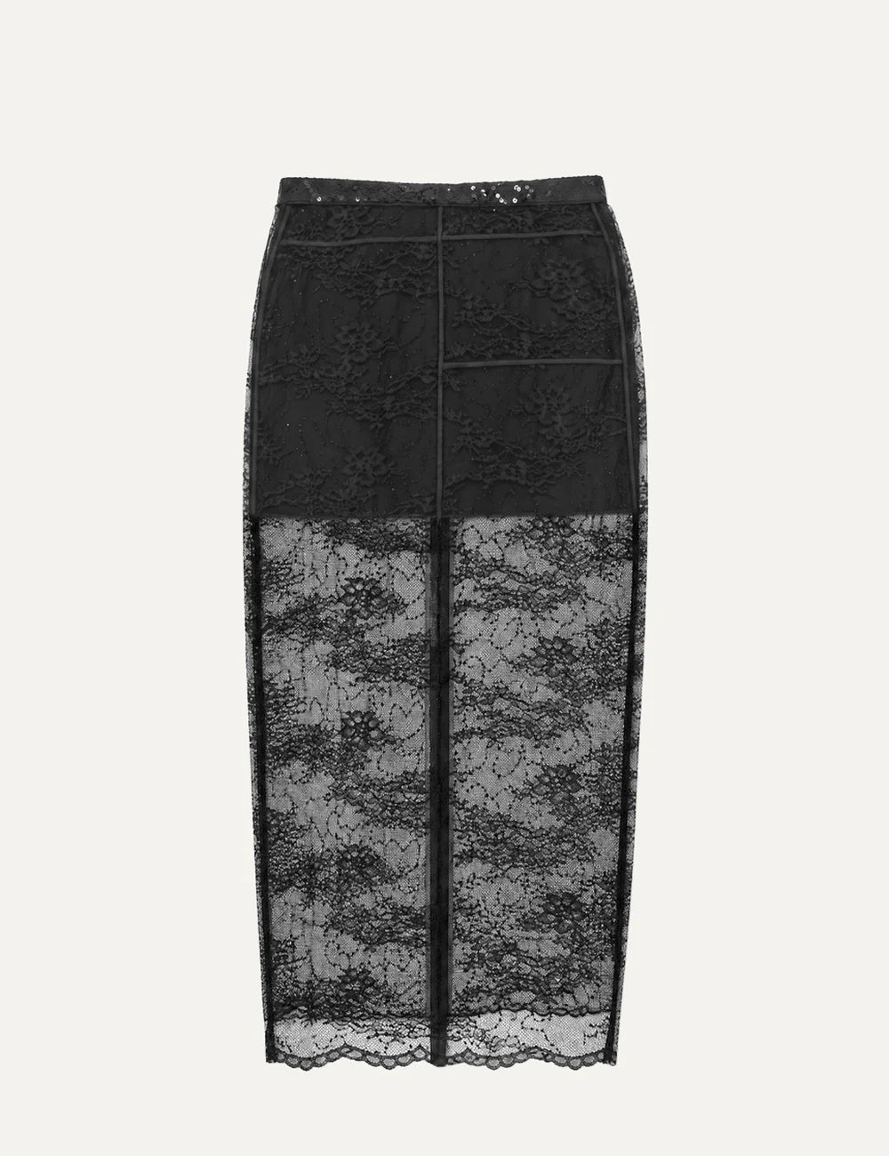 The Kooples women's black maxi lace skirt with floral pattern, sequin embellishments, sheer design, removable mini lining and concealed back zipper.