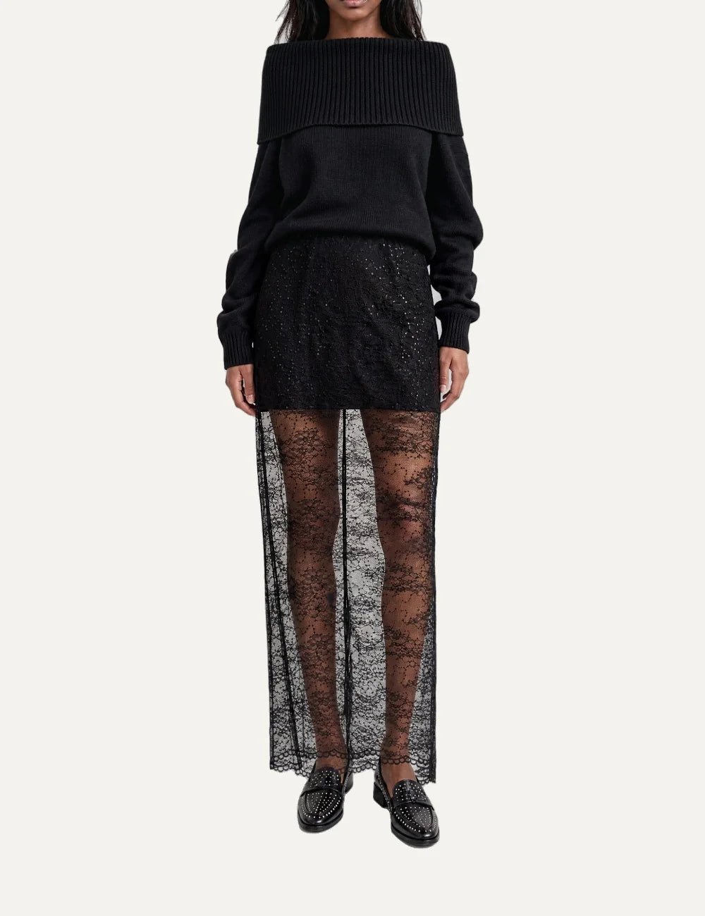 The Kooples women's black maxi lace skirt with floral pattern, sequin embellishments, sheer design, removable mini lining and concealed back zipper full body
