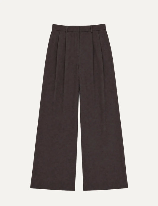 The Kooples women's dark brown wool wide-leg trousers with mid-rise waist, front pleats, belt loops, side pockets and tailored silhouette.