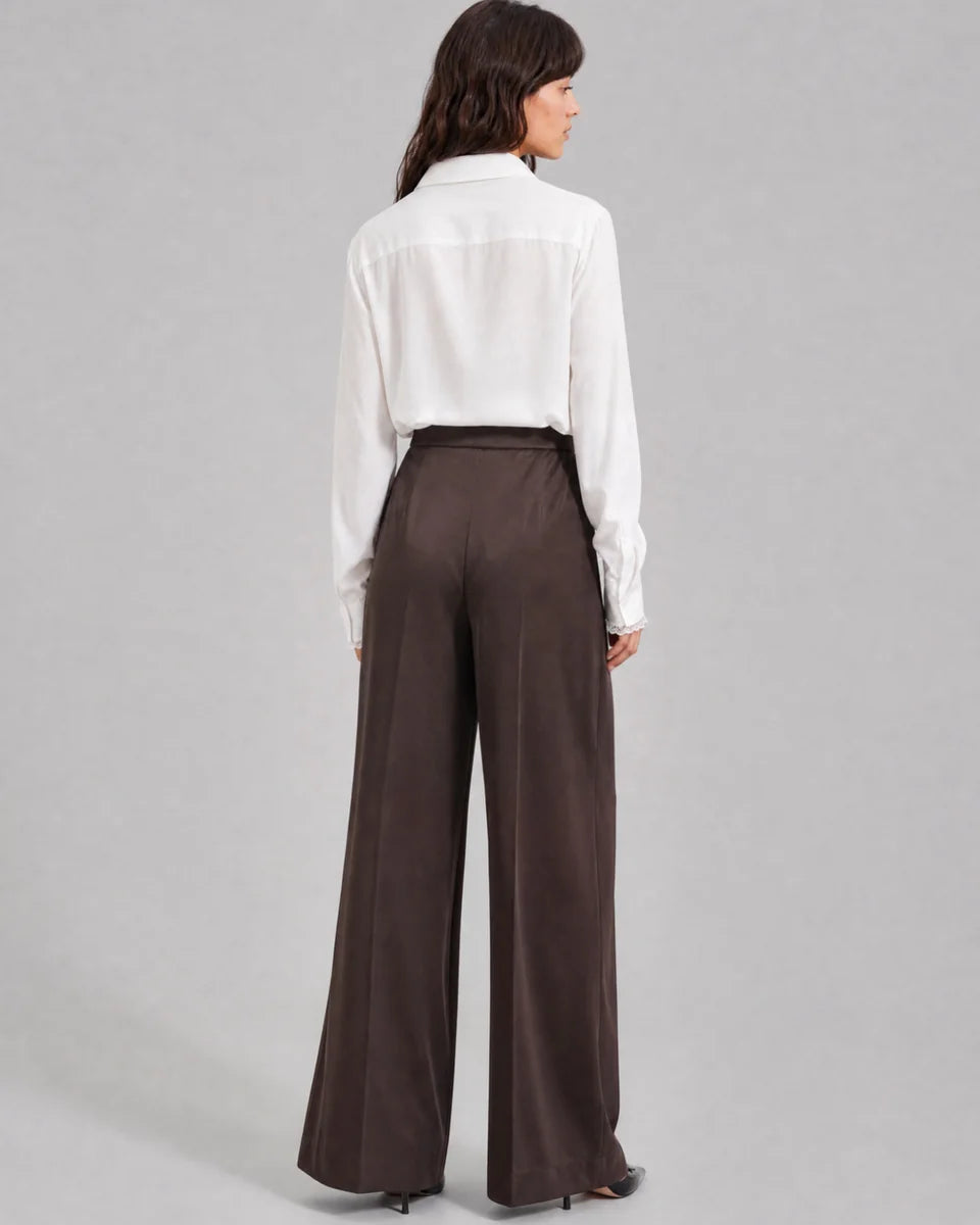 The Kooples women's dark brown satin wide-leg trousers with mid-rise waist, semi-elasticated waistband, side pockets and fluid silhouette back