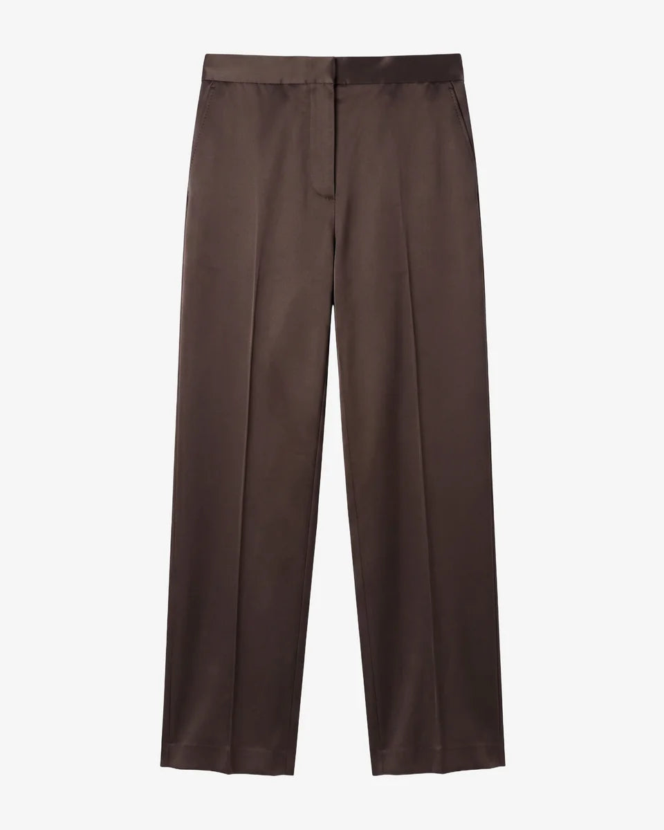 The Kooples women's dark brown satin wide-leg trousers with mid-rise waist, semi-elasticated waistband, side pockets and fluid silhouette.