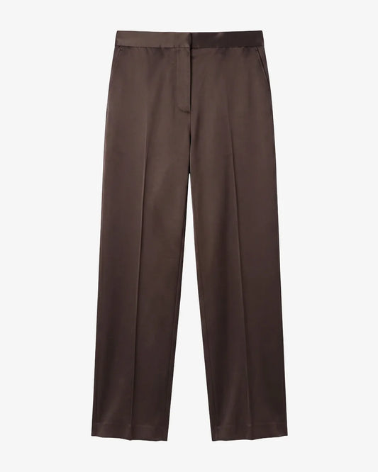 The Kooples women's dark brown satin wide-leg trousers with mid-rise waist, semi-elasticated waistband, side pockets and fluid silhouette.