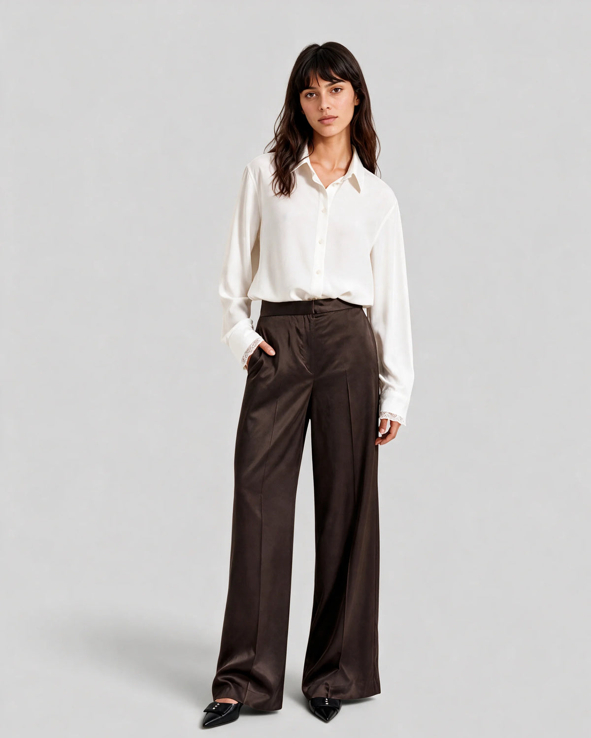 The Kooples women's dark brown satin wide-leg trousers with mid-rise waist, semi-elasticated waistband, side pockets and fluid silhouette full body