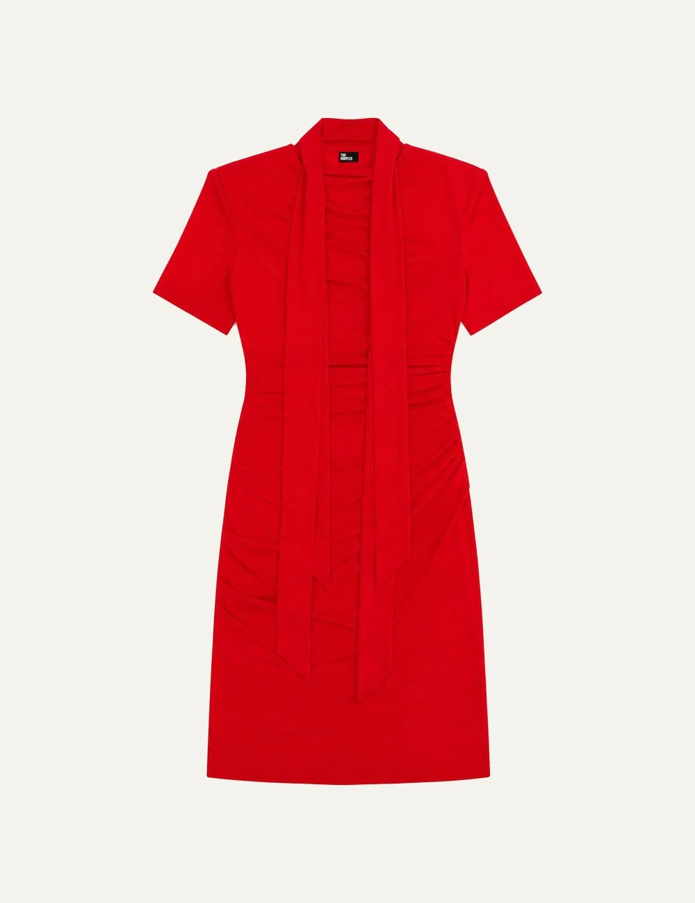 The Kooples women's red mini dress with draped details, short sleeves and removable neck bow.