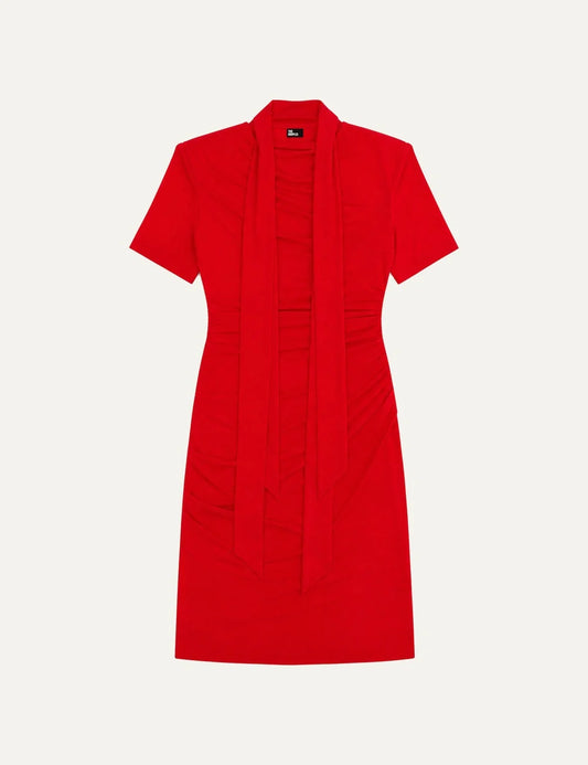 The Kooples women's red mini dress with draped details, short sleeves and removable neck bow.