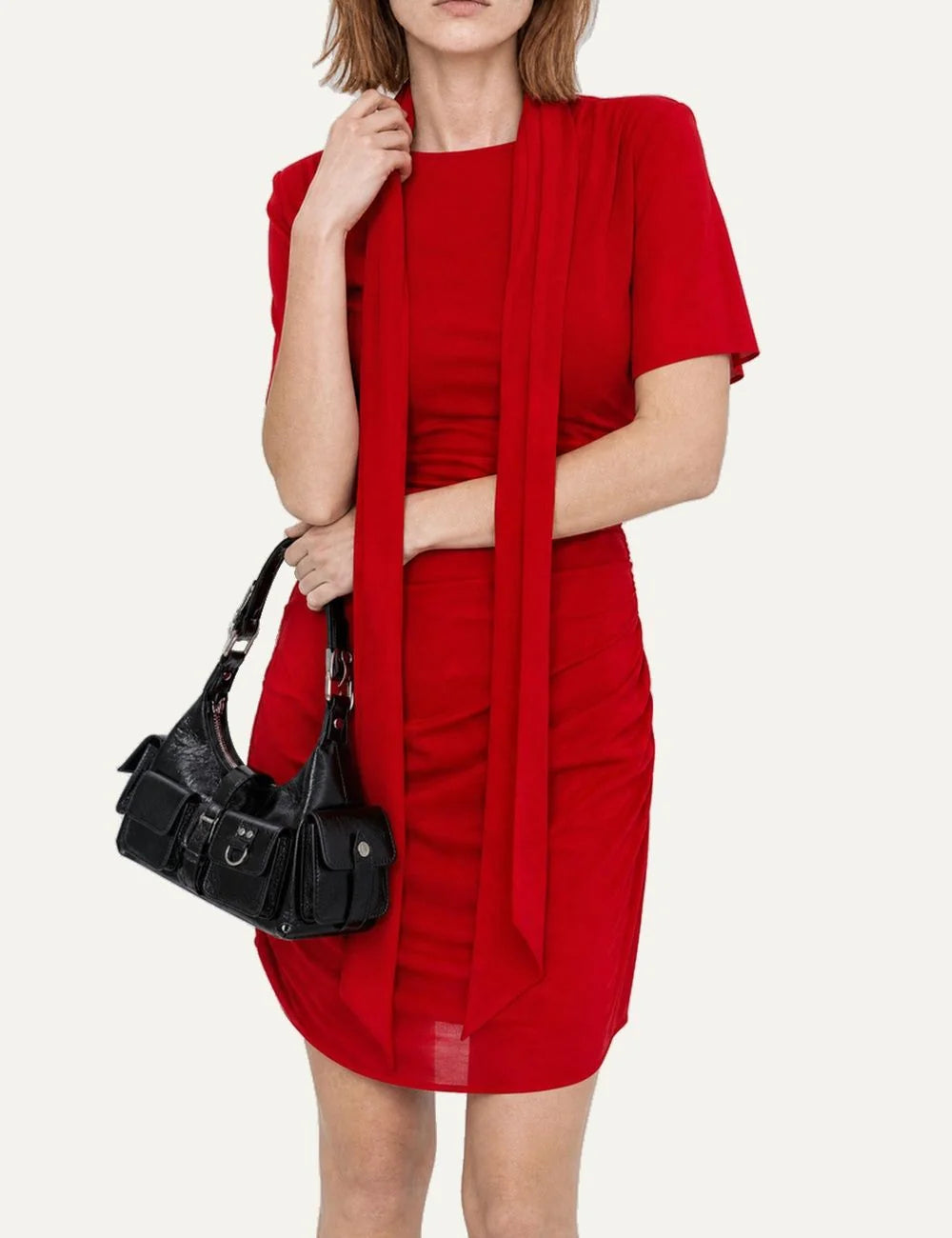 The Kooples women's red mini dress with draped details, short sleeves and removable neck bow model