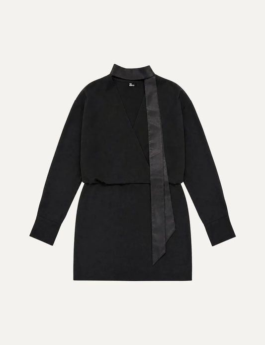 The Kooples women's black mini dress with V-neck wrap design, long sleeves, fitted silhouette and removable neck scarf.