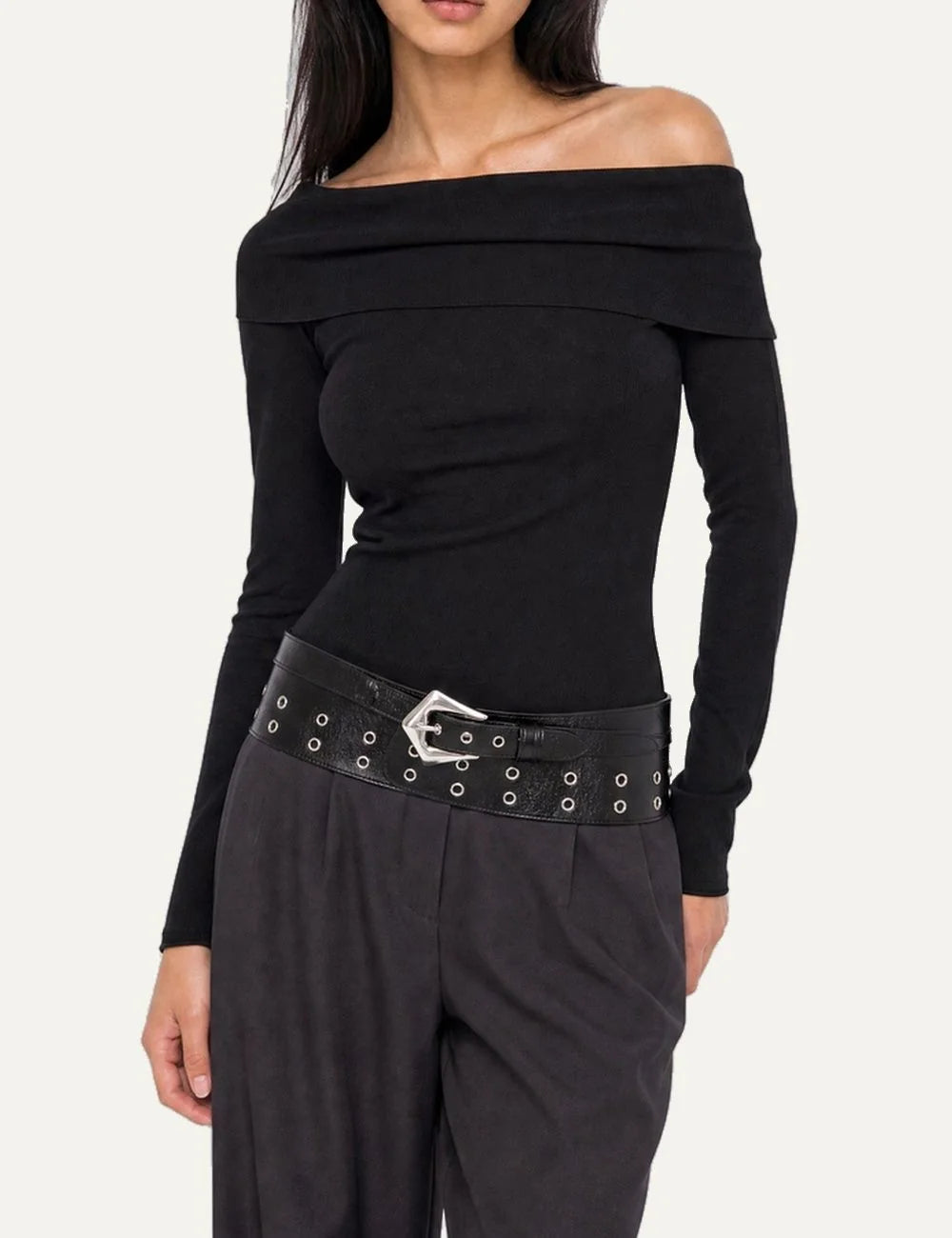 The Kooples women's black off-the-shoulder top with long sleeves, wide folded neckline and fitted silhouette model