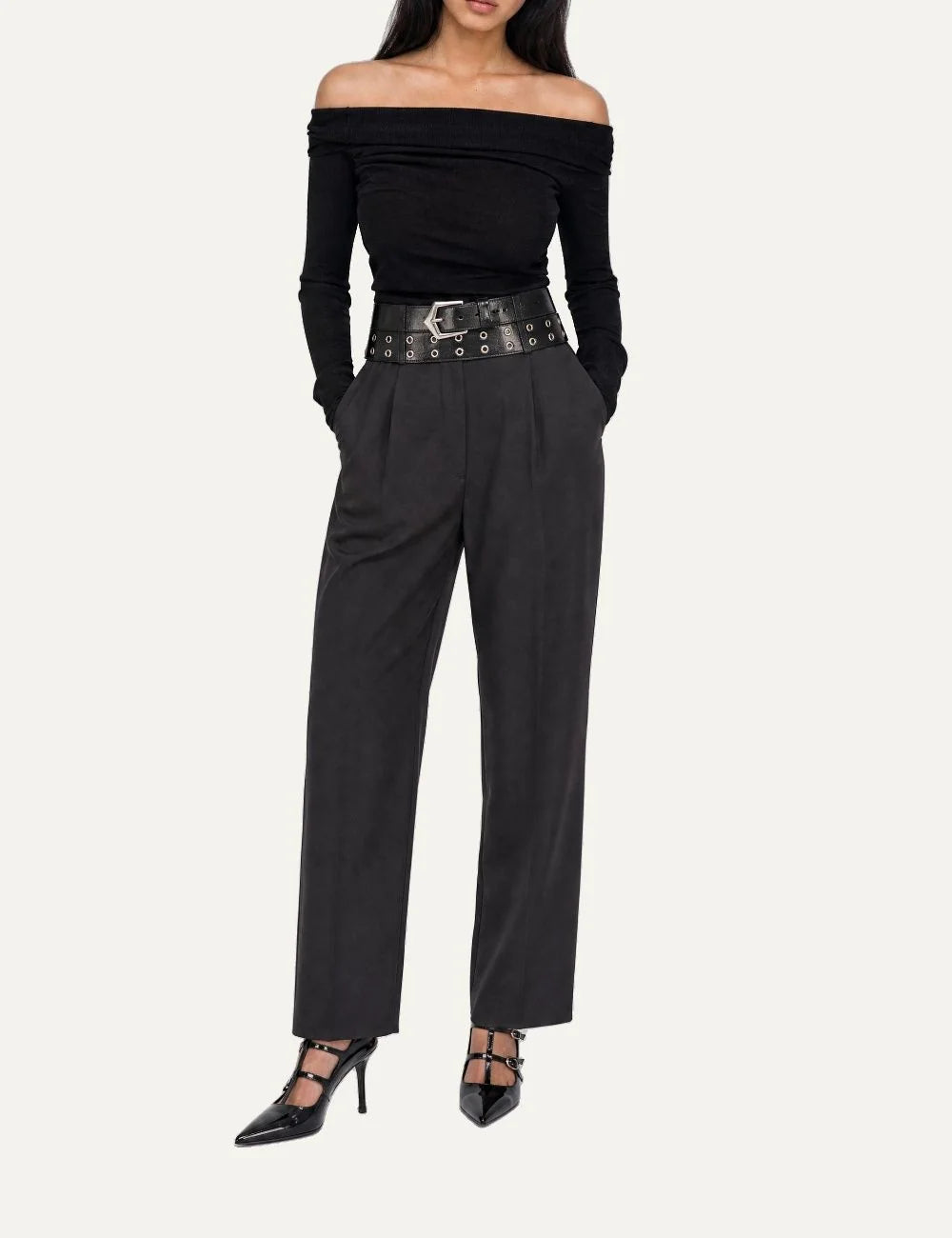 The Kooples women's black off-the-shoulder top with long sleeves, wide folded neckline and fitted silhouette full body