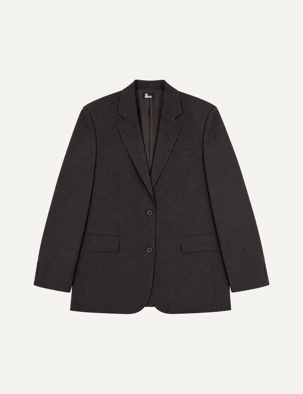 The Kooples women's dark brown oversized wool blazer with notched lapels, two-button closure, long sleeves and flap pockets.