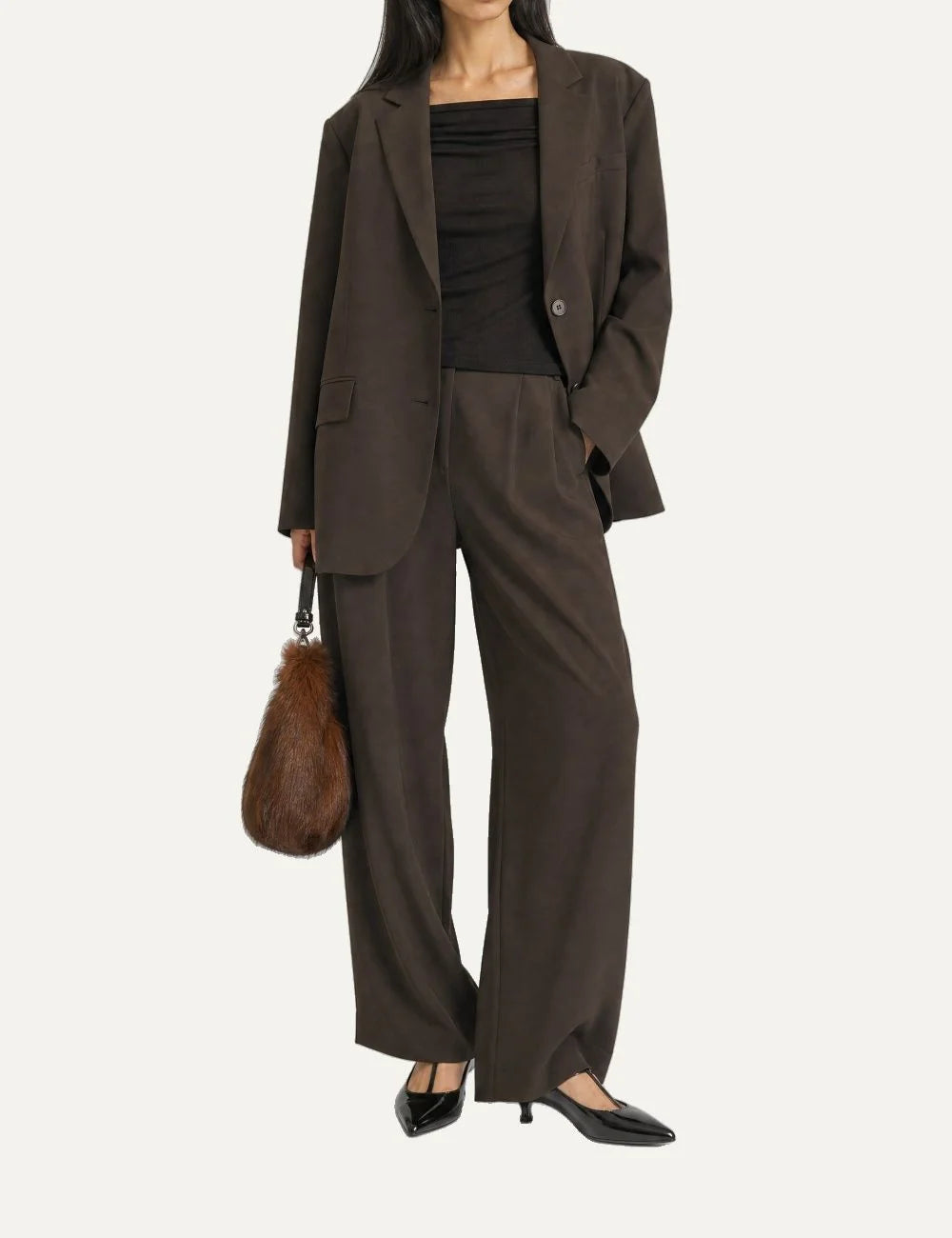 The Kooples women's dark brown oversized wool blazer with notched lapels, two-button closure, long sleeves and flap pockets full body