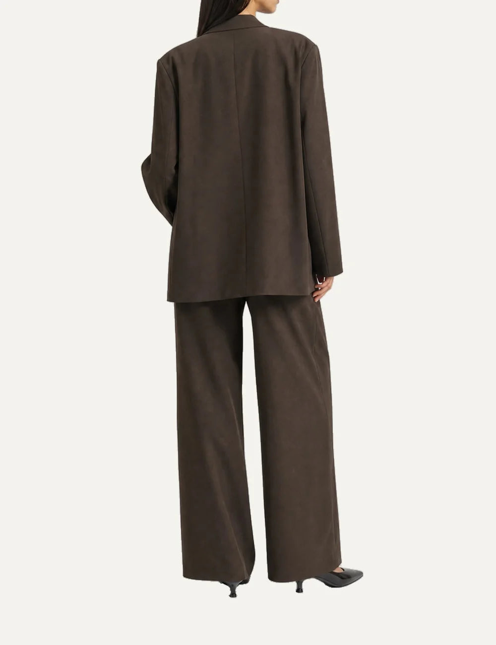 The Kooples women's dark brown oversized wool blazer with notched lapels, two-button closure, long sleeves and flap pockets back
