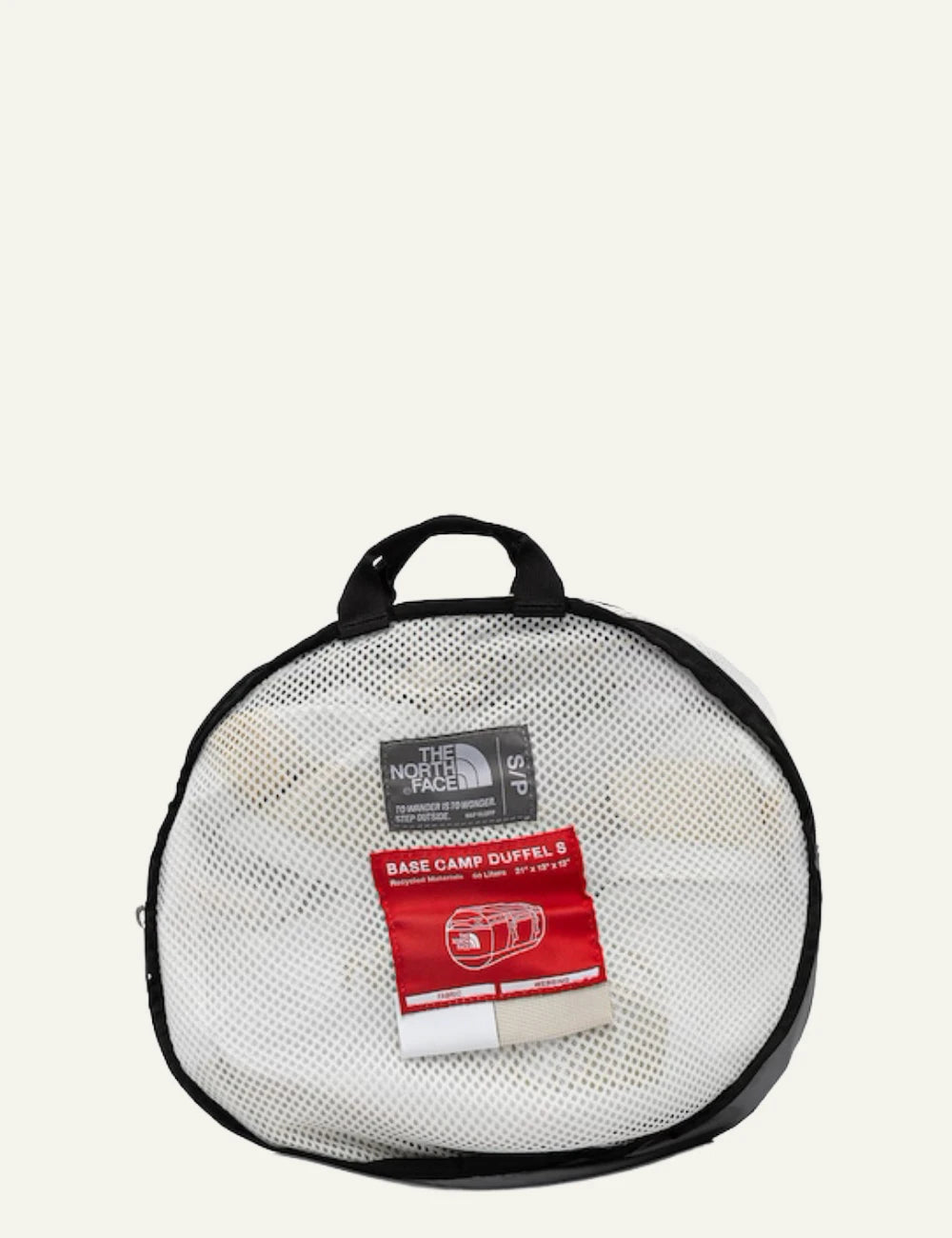 The North Face Base Camp duffel bag cream beige 50L travel side detail view