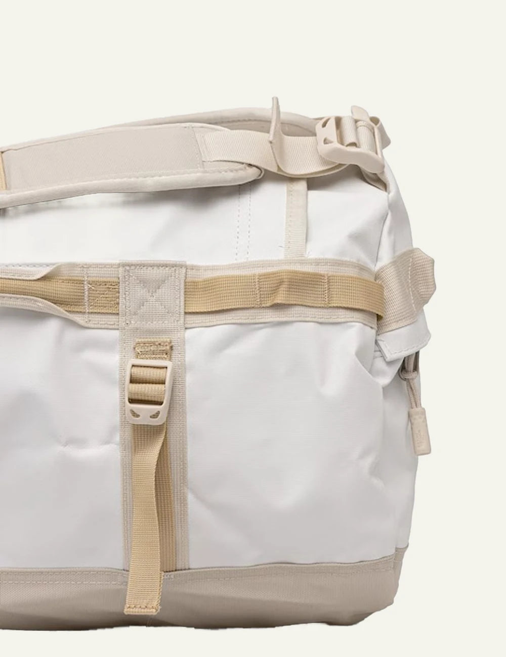 The North Face Base Camp duffel bag cream beige 50L travel front detail view